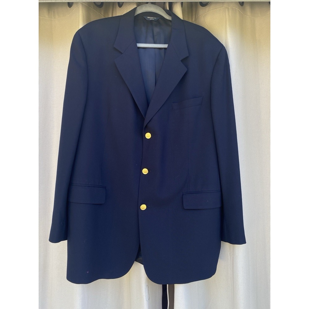 VTG Brooks 346 Navy Blue Wool Blazer 3-Button Gold Gate Buttons 45 Long USA